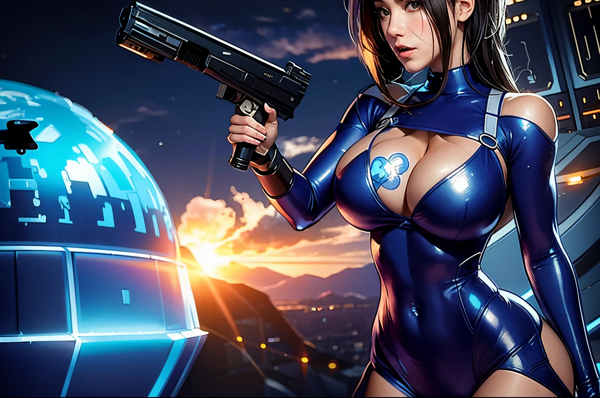 a close up of a woman in a blue bodysuit holding a gun, cutesexyrobutts, oppai cyberpunk, alena aenami and artgerm, cyberpunk angry gorgeous goddess, as a retro futuristic heroine, an imperial agent from star wars, cute cyborg girl, wojtek fus, extremely detailed artgerm, cgsociety masterpiece, perfect android girl