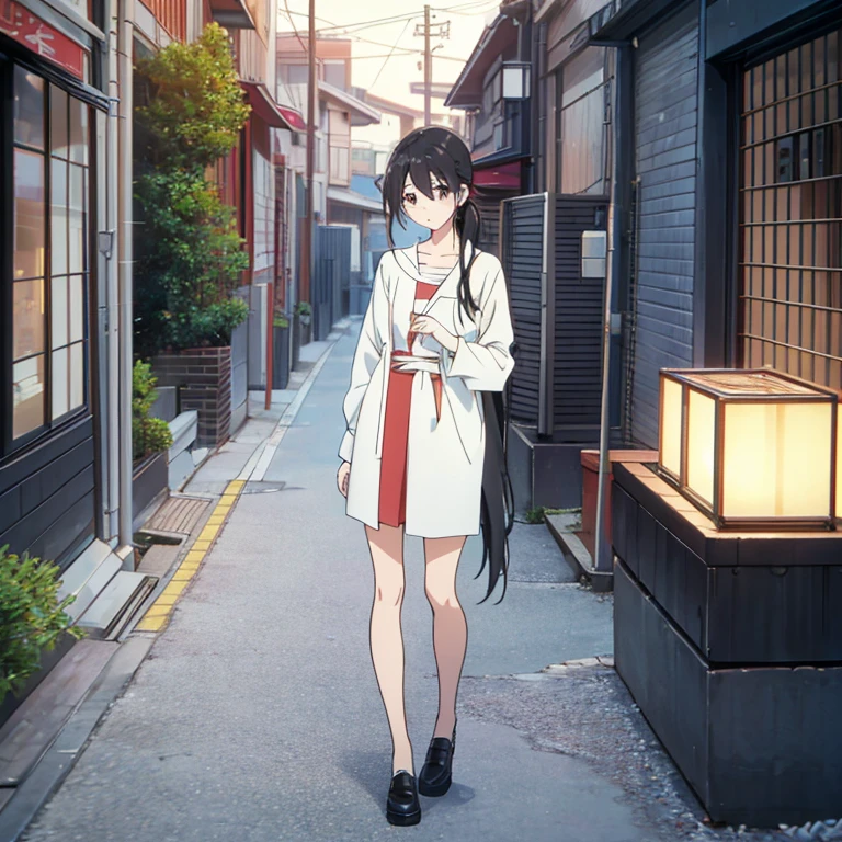 Cool girl，Outdoors，show her long hair，A very,、Very long ponytail，extra long black hair，Hair as long as height， 2d ，Japanese anime， female high-school student，The large，Best quality, Full body photo。I wasn't wearing any clothes。