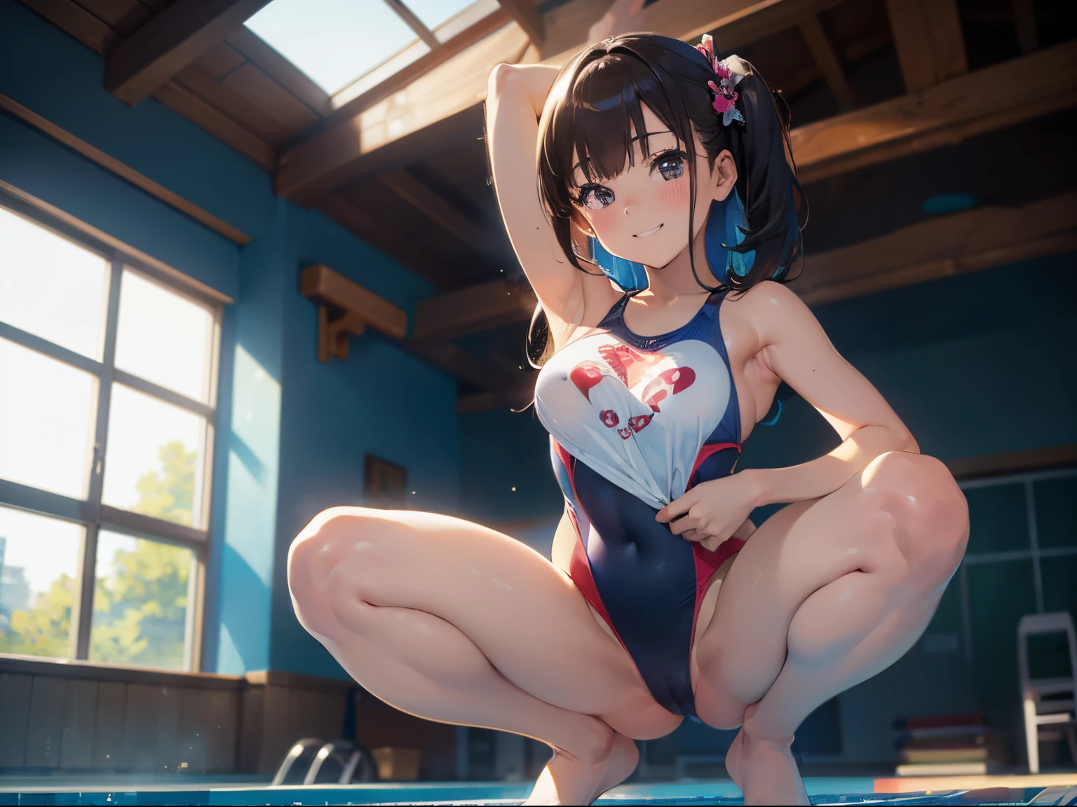 (best picture quality, 4K, high quality, masterpiece::1.2), ((masterpiece)), high detail, high quality, best picture quality, ((high quality, nsfw,  showing armpits, embarrassed, spread legs, squatting)), nsfw, cute, early  girl in a competition swimsuit with pantyhose at poolside in the indoor pool, full body, li, short height, medium breasts, bokeh, DOF, Portrait, evil grin, open stance, (cute illustration:1.2), high-resolution, ultra-detailed, best-quality, bare-shoulder,