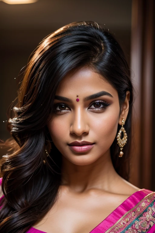 Portrait of most beautiful and attractive Indian woman in her 30s as a beautiful female model, beautiful face, dramatic lighting, trending on art-station, portrait, digital art, modern, sleek, highly detailed, formal, determined, pink liner lipstick, soft lips, black eyes, happy, [[Shoulder-Length Shag]]