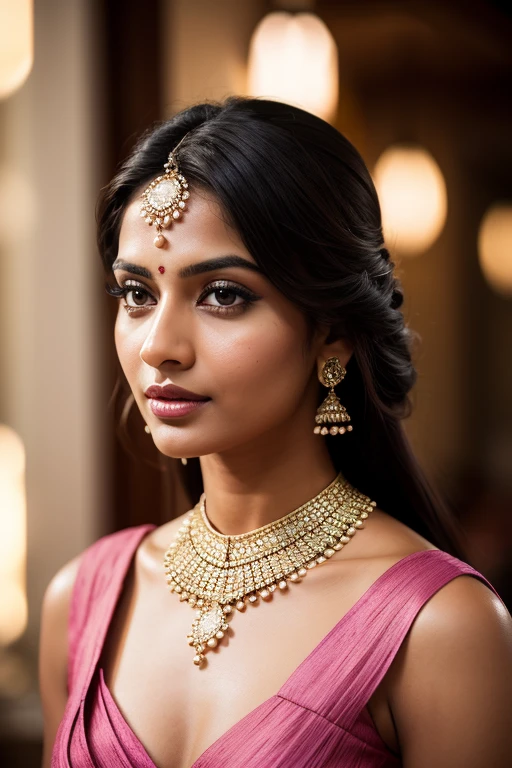 Portrait of most beautiful and attractive Indian woman in her 30s as a beautiful female model, beautiful face, dramatic lighting, trending on art-station, portrait, digital art, modern, sleek, highly detailed, formal, determined, pink liner lipstick, soft lips, black eyes, happy, [[Shoulder-Length Shag]]