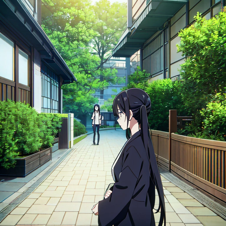 Cool girl，Outdoor activities，show her long hair，A very,、Very long ponytail，extra long black hair，Hair as long as height， 2d ，Japanese anime， female high-school student，bigger，Best quality at best, fully body photo。I wasn't wearing any clothes。