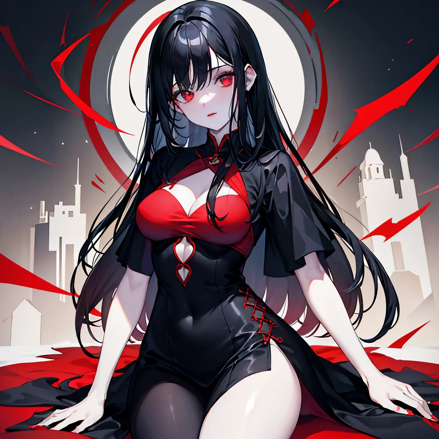 (Melhor qualidade, master part), 1Girl, Black hair, pale skinned, red-lips, linda, mysterious, vestido vermelho, vestido curto, vestido sexy, pernas nuas, coxas nuas, vestido justo, sangue