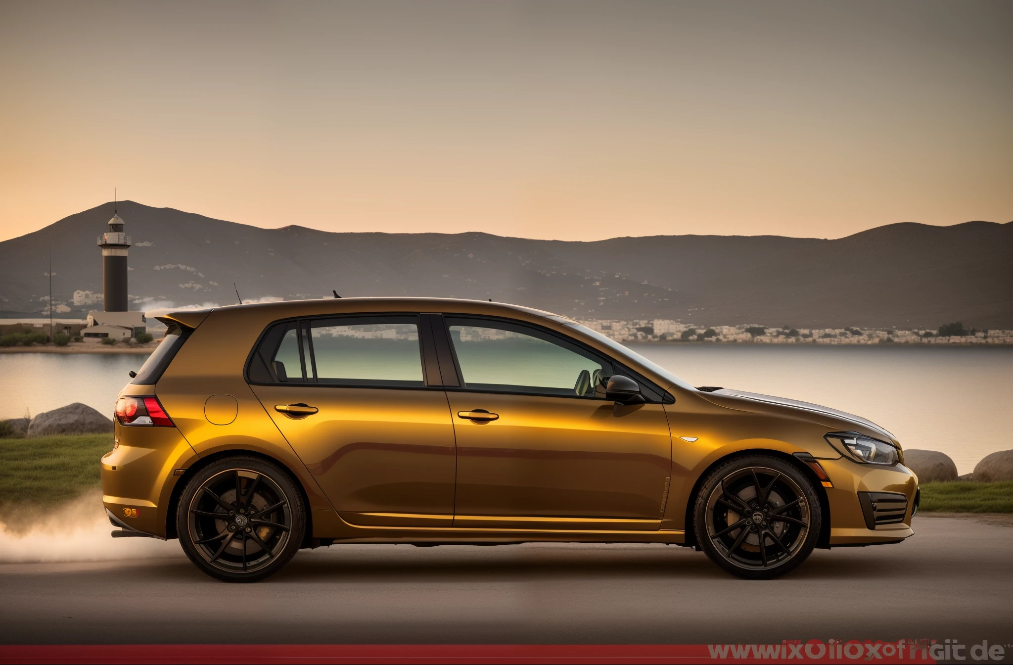 Arafed Nato Olive car parked on the road near the pond, shot at golden hour, high picture quality, Hyper-realistic", Hyper-realistic", car commercial photograph, View your profile, wide image, 🤬 🤮 💕 🎀, WRX Golf, see photos, 3840x2160, 3840 x 2160, Thumbnail