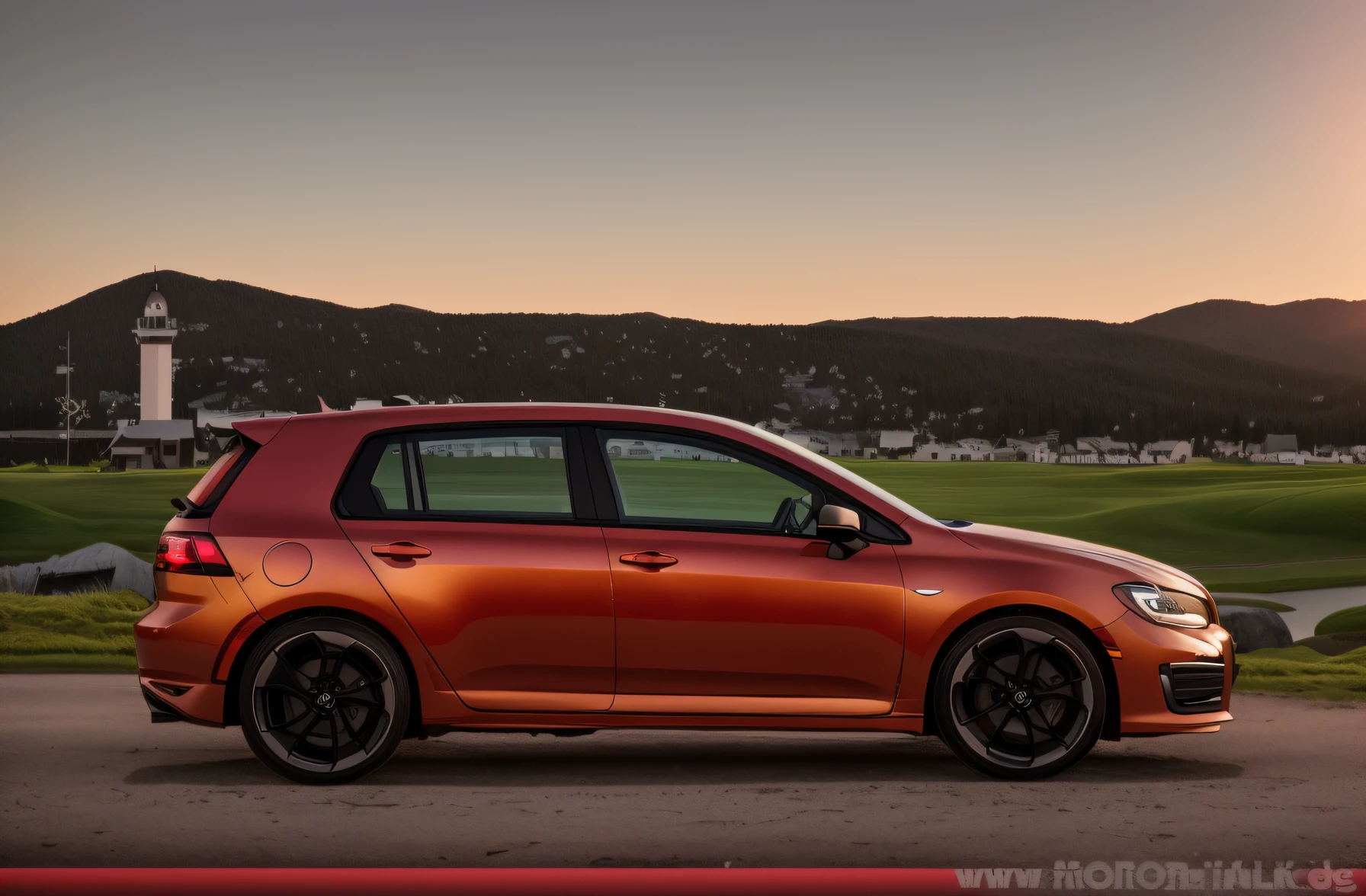 Arafed Red Brown Metalik car parked on the road near a pond, shot at golden hour, high picture quality, Hyper-realistic", Hyper-realistic", car commercial photograph, View your profile, wide image, 🤬 🤮 💕 🎀, WRX Golf, see photos, 3840x2160, 3840 x 2160, Thumbnail