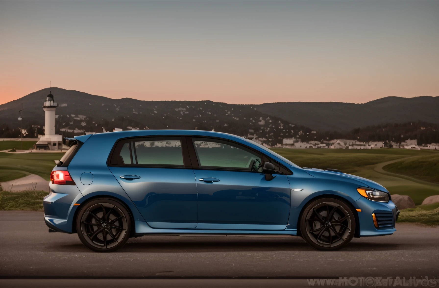 Arafed blue car parked on the road near the pond, shot at golden hour, high picture quality, Hyper-realistic", Hyper-realistic", car commercial photograph, View your profile, wide image, 🤬 🤮 💕 🎀, WRX Golf, see photos, 3840x2160, 3840 x 2160, Thumbnail