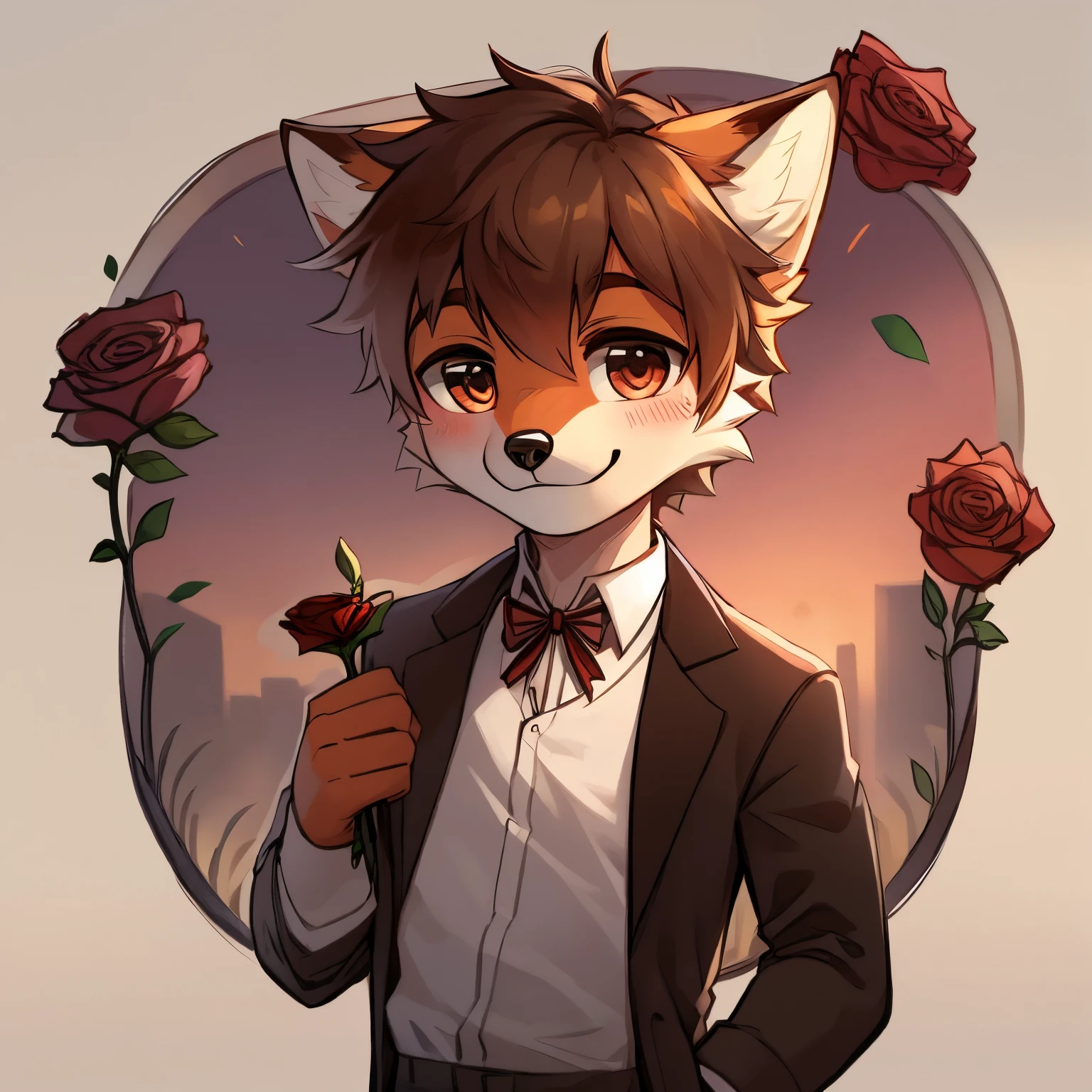 Cute boy with red fox ears who has a little wagging tail. He's handing out a rose