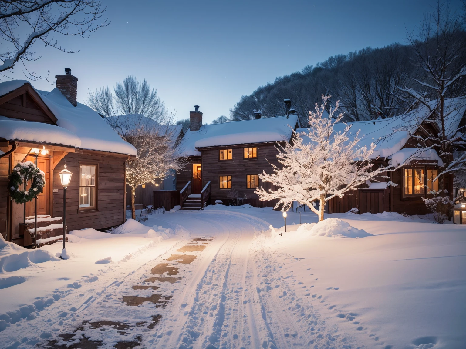 (best quality,4k,8k,highres,masterpiece:1.2),ultra-detailed,(realistic,photorealistic,photo-realistic:1.37),winter scenery, lots of snow,a clear winter night, a clear sky,winding street with old village cottages,christmas trees and bushes covered with snow,old lamps line the street,warm light illuminating the snowy path,hint of frosty breath in the air,glistening icicles hanging from the rooftops,soft snowflakes gently falling from the sky,bare branches of trees covered in snow,smoke rising from the chimneys,peaceful and serene atmosphere,tranquil and quiet ambiance,subtle shades of blue and white in the color palette,subdued yet warm lighting from the street lamps,crisp and clean air,the sound of distant laughter and carols,bustling village scene in the distance,cozy and inviting atmosphere,feeling of nostalgia and joy,magical winter wonderland,straight out of a storybook,enchanting and picturesque setting,majestic snowy landscape,captivating and breathtaking view,impressive attention to detail in the cottages,meticulous textures and patterns in the snow,capturing the essence of a traditional winter scene,inviting viewers to immerse themselves in the charm of the moment.
