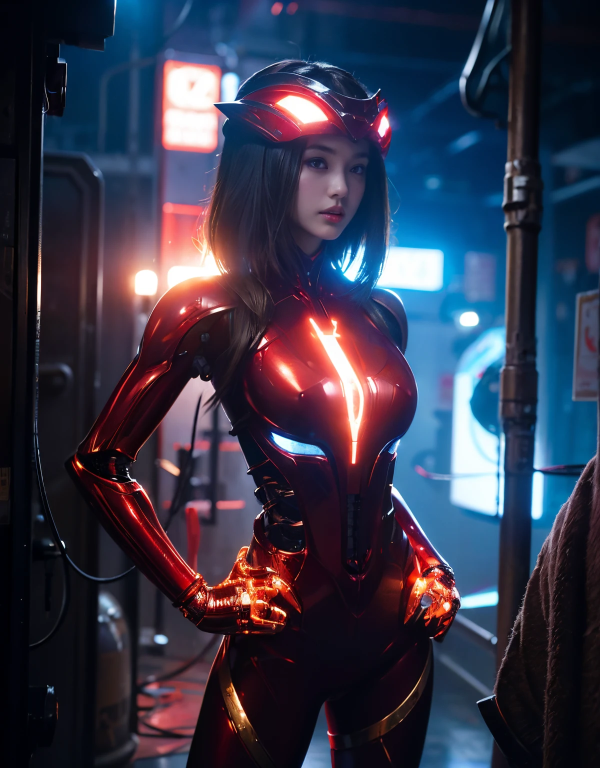 (Skimpy mechanical girl and alien background)、(Mystical expression)、top-quality、masterpiece、超A high resolution、(Photorealsitic:1.4)、Raw photo、1人、glowy skin、(((1 Mechanical Girl)))、(Red Metal Bodysuit)、(Natural alien background to fight aliens)、(Small LED)、((super realistic details))、vertical giant monster background),globalillumination、Shadow、octan render、8K、ultrasharp、Robot background、Colossal tits、Raw skin exposed in the cleavage、red metal、Details of complex ornaments、Japan details、highly intricate detail、Realistic light、(Mystical expression),CG Society Trenlow Eyes、Eyes shining towards the camera、Mechanical marginal blood vessels connected to neon detail tubes)、(Wires and cables connecting to the head)、Small LED、,Mechanical thighs、Toostock、(Hands are also made of machines)、机器人、future alien、Please wear a mechanical helmet、