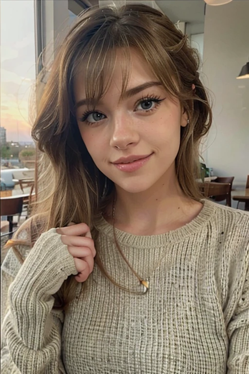 1 woman, blonde hair, hairstyle up with bangs, wearing a beige sweater, white wool gloves on her hand, (drinking coffee inside a cafe at sunset), very detailed, innocent face, blue eyes, high resolution, work masterful, best quality, intricate details, highly detailed, sharp focus, detailed skin, realistic skin texture, texture, detailed eyes, professional, 4k, charming smile, shot with Canon, 85mm, shallow depth of field, kodak vision color , perfect body fit, extremely detailed, photo_\(ultra\), photorealistic, realistic, post-processing, maximum detail, roughness, real life, ultrarealistic, photorealism, photography, 8k uhd