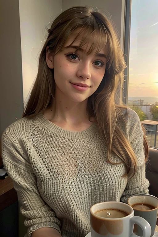 1 woman, blonde hair, hairstyle up with bangs, wearing a beige sweater, white wool gloves on her hand, (drinking coffee inside a cafe at sunset), very detailed, innocent face, blue eyes, high resolution, work masterful, best quality, intricate details, highly detailed, sharp focus, detailed skin, realistic skin texture, texture, detailed eyes, professional, 4k, charming smile, shot with Canon, 85mm, shallow depth of field, kodak vision color , perfect body fit, extremely detailed, photo_\(ultra\), photorealistic, realistic, post-processing, maximum detail, roughness, real life, ultrarealistic, photorealism, photography, 8k uhd