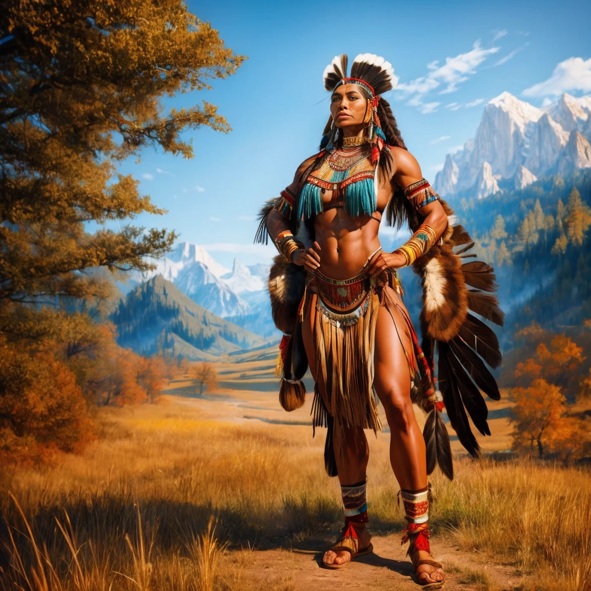 Black native american princess holding a bow and arrows. Ancient buffalo skin clothing feather headdress gold jewelry. Sexy. 8k detail. Cherokee D'ass. (Cherokee Choctaw Seminole Iroquois Black Foot) original indigenous black indian woman. Athletic huge buttocks. Full body. Wilderness plains animals nature tribes. Standing.  War paint.