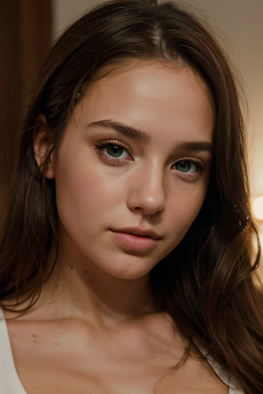 ultra high res.photo realistic: 1.4, UDH, face portrait Instagram of British brunette girl with beautiful green eyes and beautiful lips, glowing face, named Lucy Reid