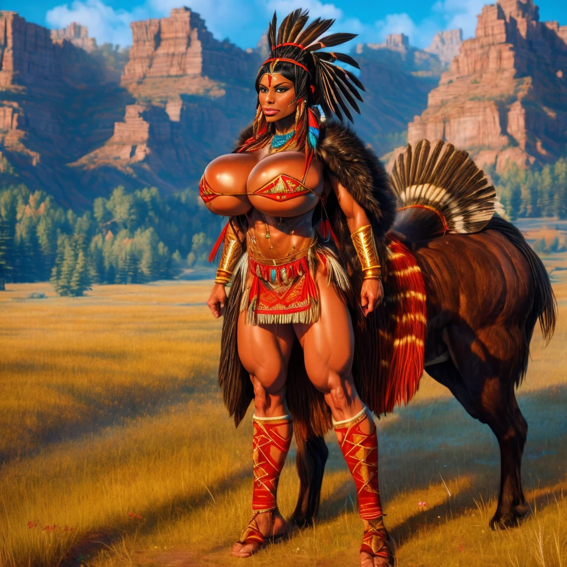 Black native american princess holding a bow and arrows. Ancient buffalo skin clothing feather headdress gold jewelry. Sexy. 8k detail. Cherokee D'ass. (Cherokee Choctaw Seminole Iroquois Black Foot) original indigenous black indian woman. Athletic huge buttocks. Full body. Wilderness plains animals nature tribes. Standing.  War paint.