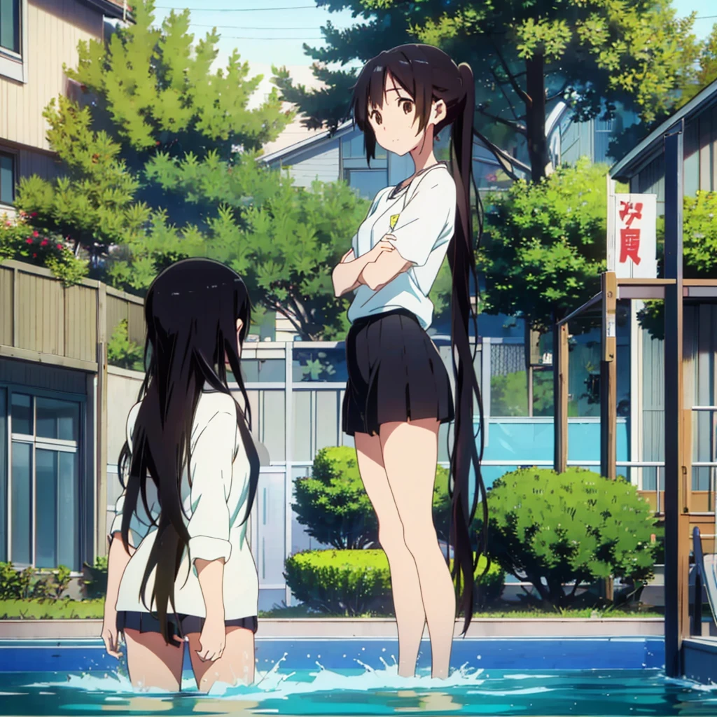 A cool girl，18yr old，1.5 meters high，Swim in the pool，wash her long hair，A very,、Very long ponytail，2 meters long super long black hair，2d ，Japanese anime， female high-school student，Best quality at best, fully body photo。I wasn't wearing any clothes。