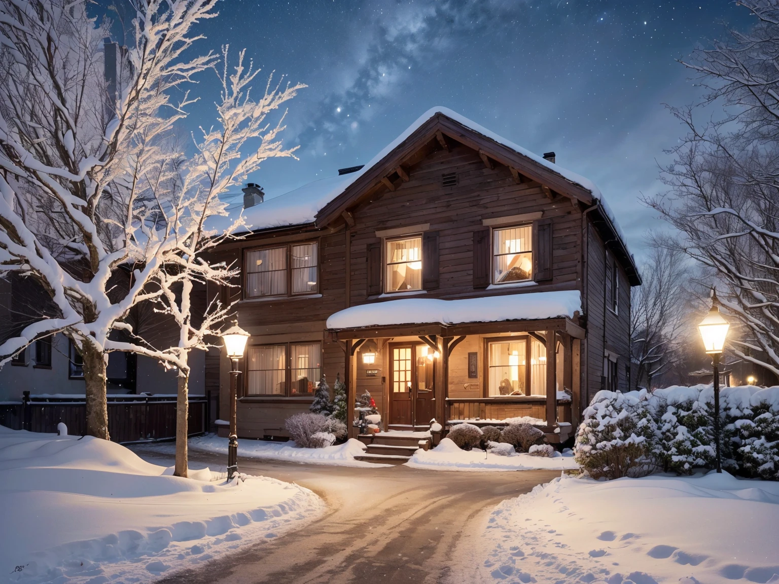 (best quality,4k,8k,highres,masterpiece:1.2),ultra-detailed,(realistic,photorealistic,photo-realistic:1.37),winter scenery,snow-covered landscape,captivating winter night,starlit sky,winding road lined with snow,quaint old country cottages,Christmas trees adorned with lights and ornaments,lush bushes covered in snow,old street lamps casting a warm glow