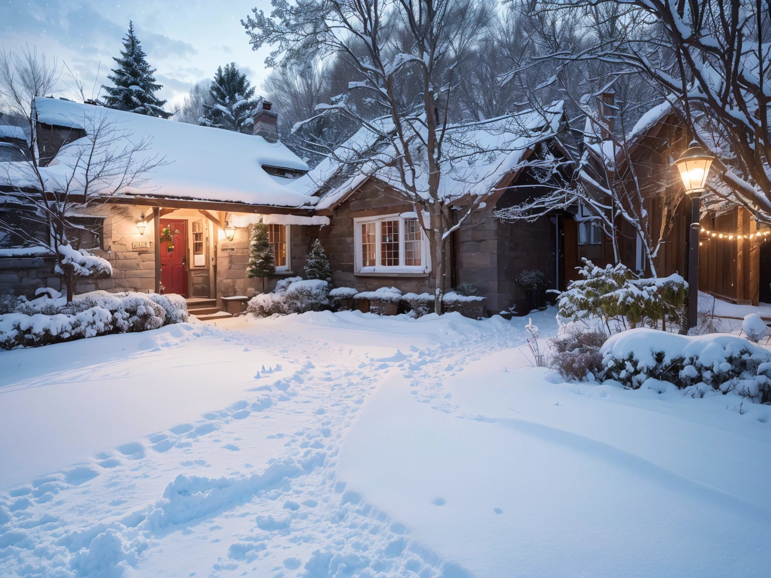 (best quality,4k,8k,highres,masterpiece:1.2),ultra-detailed,(realistic,photorealistic,photo-realistic:1.37),winter scenery,snow-covered landscape,captivating winter night,starlit sky,winding road lined with snow,quaint old country cottages,Christmas trees adorned with lights and ornaments,lush bushes covered in snow,old street lamps casting a warm glow