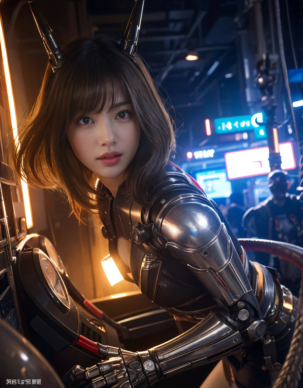 (Skimpy mechanical girl and alien background)、(Mystical expression)、top-quality、masterpiece、超A high resolution、(Photorealsitic:1.4)、Raw photo、1人、glowy skin、(((1 Mechanical Girl)))、(Red Metal Bodysuit)、(Natural alien background to fight aliens)、(Small LED)、((super realistic details))、vertical giant monster background),globalillumination、Shadow、octan render、8K、ultrasharp、Robot background、Colossal tits、Raw skin exposed in the cleavage、red metal、Details of complex ornaments、Japan details、highly intricate detail、Realistic light、(Mystical expression),CG Society Trenlow Eyes、Eyes shining towards the camera、Mechanical marginal blood vessels connected to neon detail tubes)、(Wires and cables connecting to the head)、Small LED、,Mechanical thighs、Toostock、(Hands are also made of machines)、机器人、future alien、Please wear a mechanical helmet、