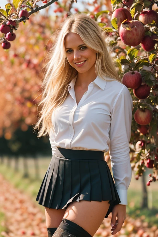 1girl, (fit), blonde hair, messy long hair with seductive smile, (wearing thigh highs, a pleated mini skirt and a tight white buttoned up shirt), realistic, shallow depth of field, 8k uhd, dslr, high quality, photorealistic, realism, hyperrealism, art photography, (in a warm apple orchard in autumn), warm and sunny