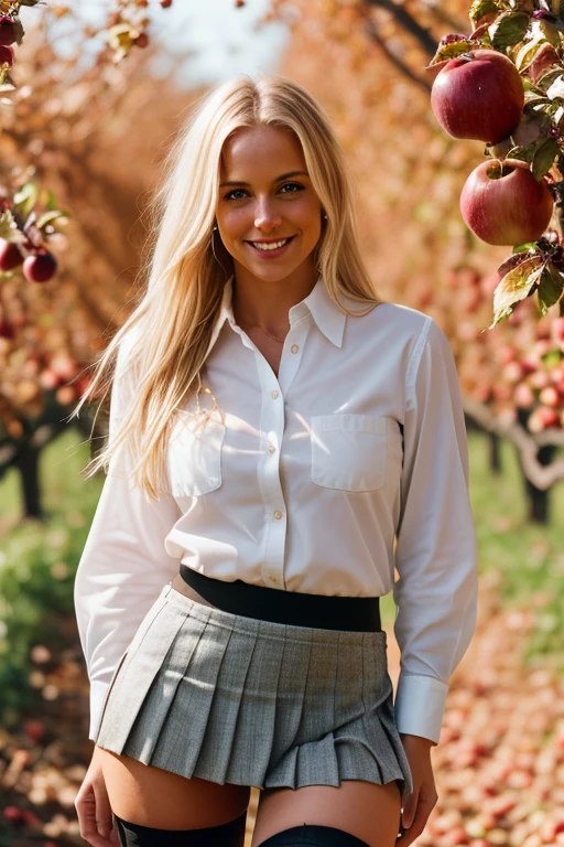 1girl, (fit), blonde hair, messy long hair with seductive smile, (wearing thigh highs, a pleated mini skirt and a tight white buttoned up shirt), realistic, shallow depth of field, 8k uhd, dslr, high quality, photorealistic, realism, hyperrealism, art photography, (in a warm apple orchard in autumn), warm and sunny