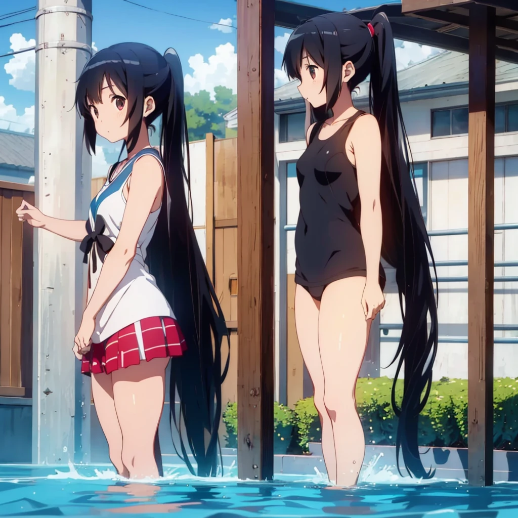 only one cool girl,18yr old,1.5 meters high,Swim in the pool,wash her long hair,A very,、Very long ponytail,2 meters long super long black hair,2d ,Japanese anime, female high-school student,Best quality at best, fully body photo。