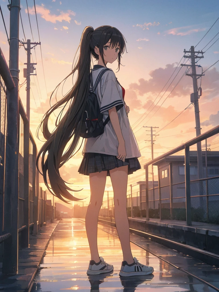 master piece, extremely detailed, high resolution,Makoto Shinkai style、high school girl、1 girl、Upper body only、Short-sleeved shirt、Blue bow tie、Glossy, plump lips、Shiny Hair、Brown Hair、Long Straight Hair、Mid-chest、Narrow waist、Checkered mini skirt、Climbing an escalator、Backwards、Looking up from below、Skirt is held back、You can see inside the skirt from behind、Embarrassed look、Looking at me shyly、Red cheeks、