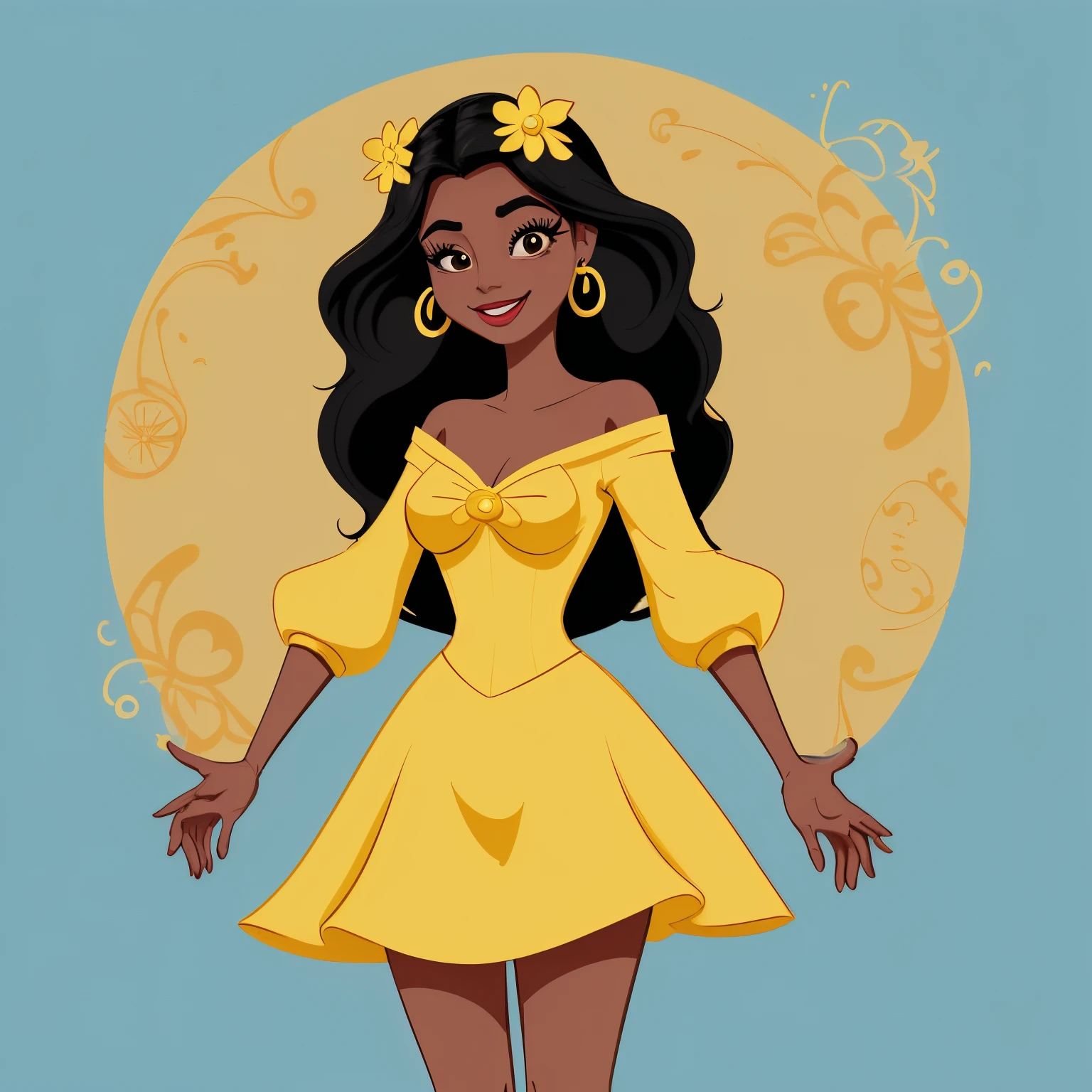 detailed illustration of a cheerful woman, morena, negra, corpo formoso, cabelos cacheados castanhos, usando vestido amarelo, disney cartoon illustration style