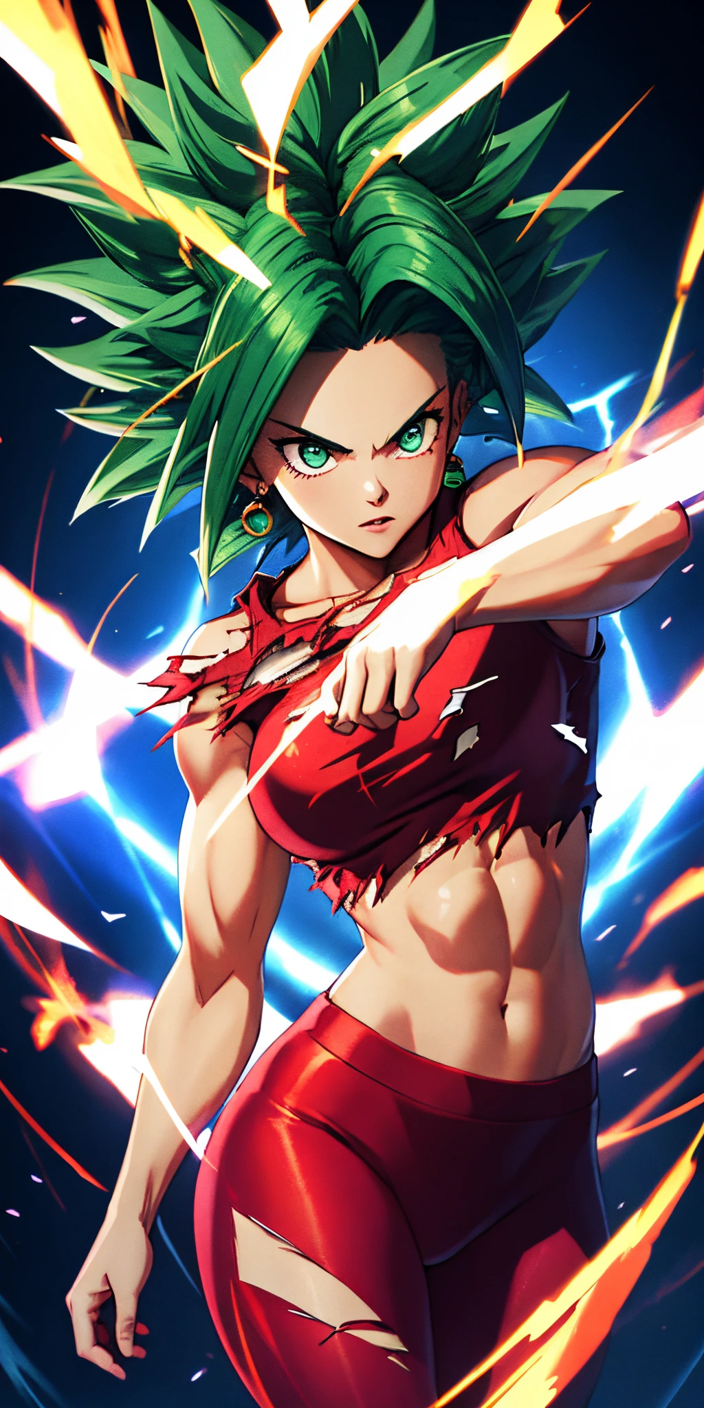 (masterpiece, best quality, ultra-detailed, highres, best illustration), 1girl,cowboy shot of beautiful xyzkefla super saiyan, green hair, green eyes, spiked hair, energy, (torn clothes:1.2), jewelry, aura, leggings, red clothing, detailed, sharp focus, dramatic, cinematic lighting, bodybuilder