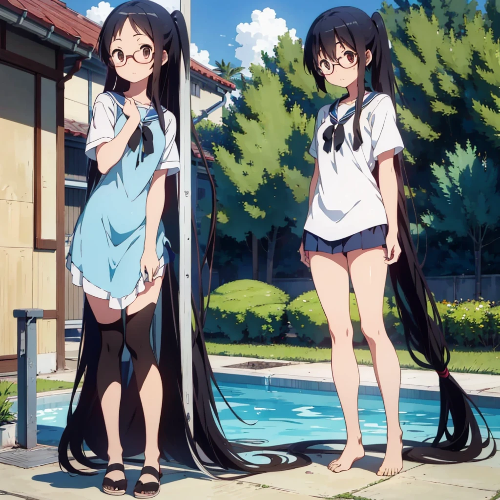 A cool girl，18yr old，1.5 meters high，Swim in the pool，wash her long hair，A very,、Very long ponytail，2 meters long super long black hair，2d ，Japanese anime， female high-school student，Best quality at best, fully body photo。I wasn't wearing any clothes。