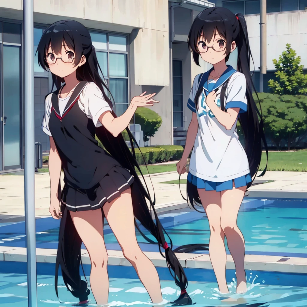 A cool girl，18yr old，1.5 meters high，Swim in the pool，wash her long hair，A very,、Very long ponytail，2 meters long super long black hair，2d ，Japanese anime， female high-school student，Best quality at best, fully body photo。I wasn't wearing any clothes。