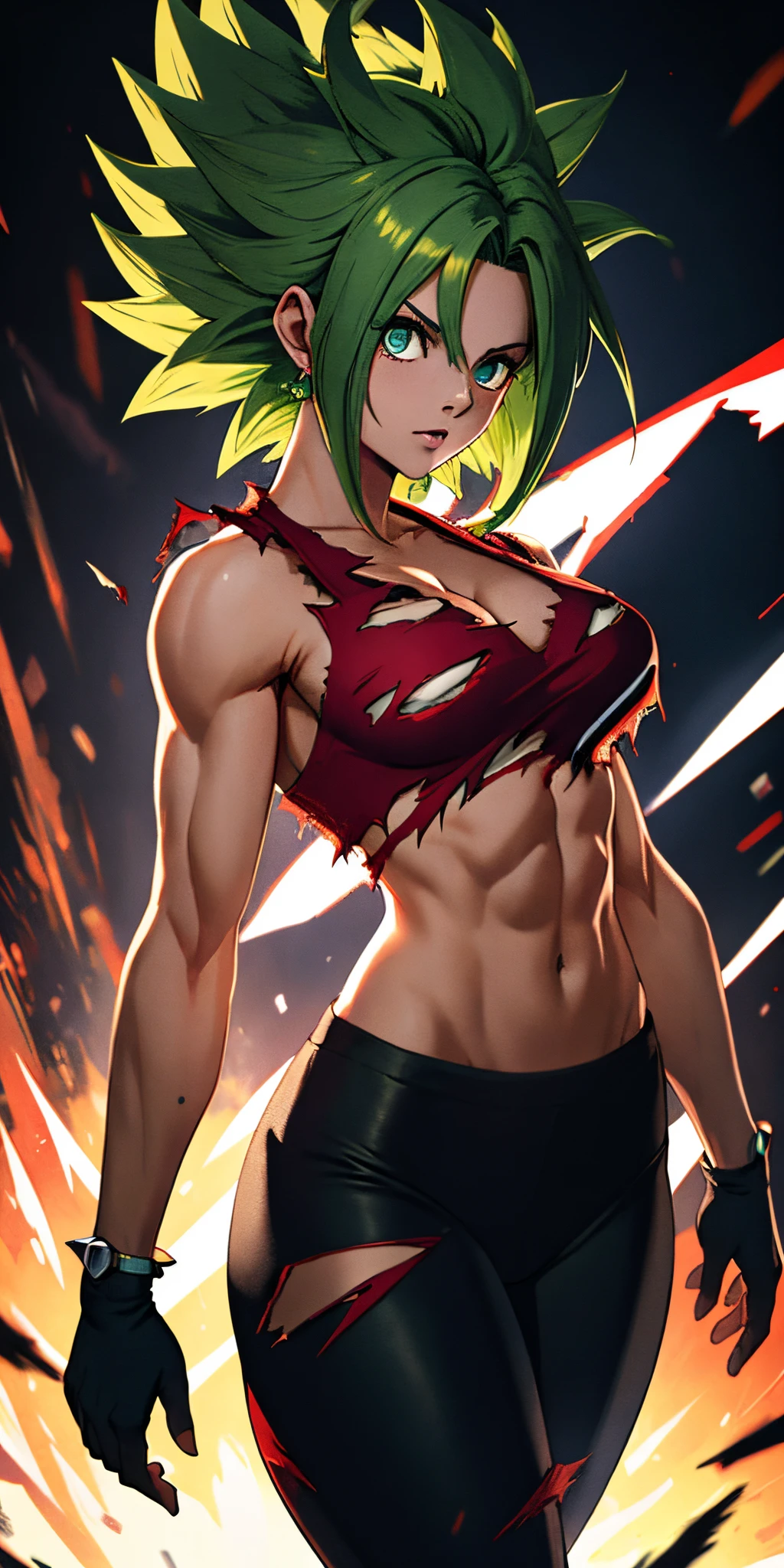 (masterpiece, best quality, ultra-detailed, highres, best illustration), 1girl,cowboy shot of beautiful xyzkefla super saiyan, green hair, green eyes, spiked hair, energy, (torn clothes:1.2), jewelry, aura, leggings, red clothing, detailed, sharp focus, dramatic, cinematic lighting, bodybuilder