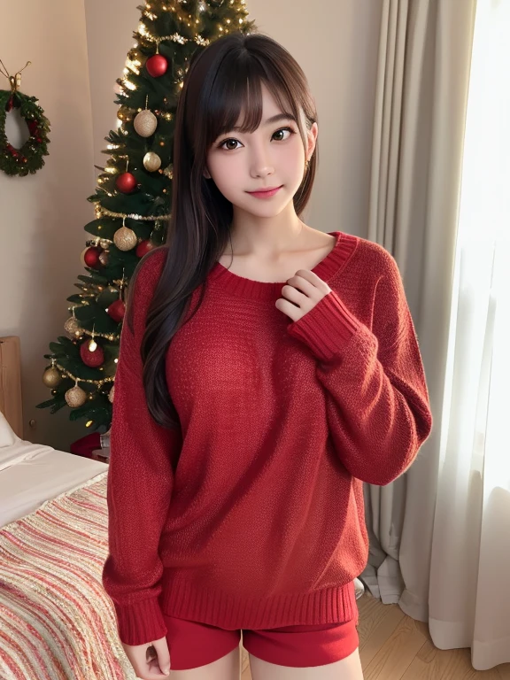 (8k, RAW photo, best quality, masterpiece, realistic, photo-realistic:1.3), clear, professional lighting, cute Japanese idol, beautiful face, best quality, ultra high res, 20 years old, red sweater , 1 Christmas tree, cozy room, shorts
