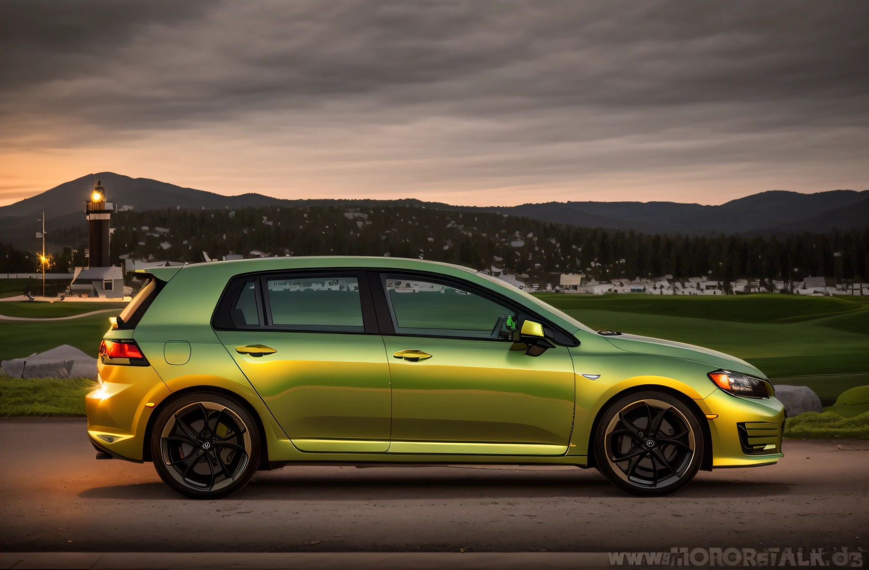 Green Arafed car parked on the road near the pond, shot at golden hour, high picture quality, Hyper-realistic", Hyper-realistic", car commercial photograph, View your profile, wide image, 🤬 🤮 💕 🎀, WRX Golf, see photos, 3840x2160, 3840 x 2160, Thumbnail