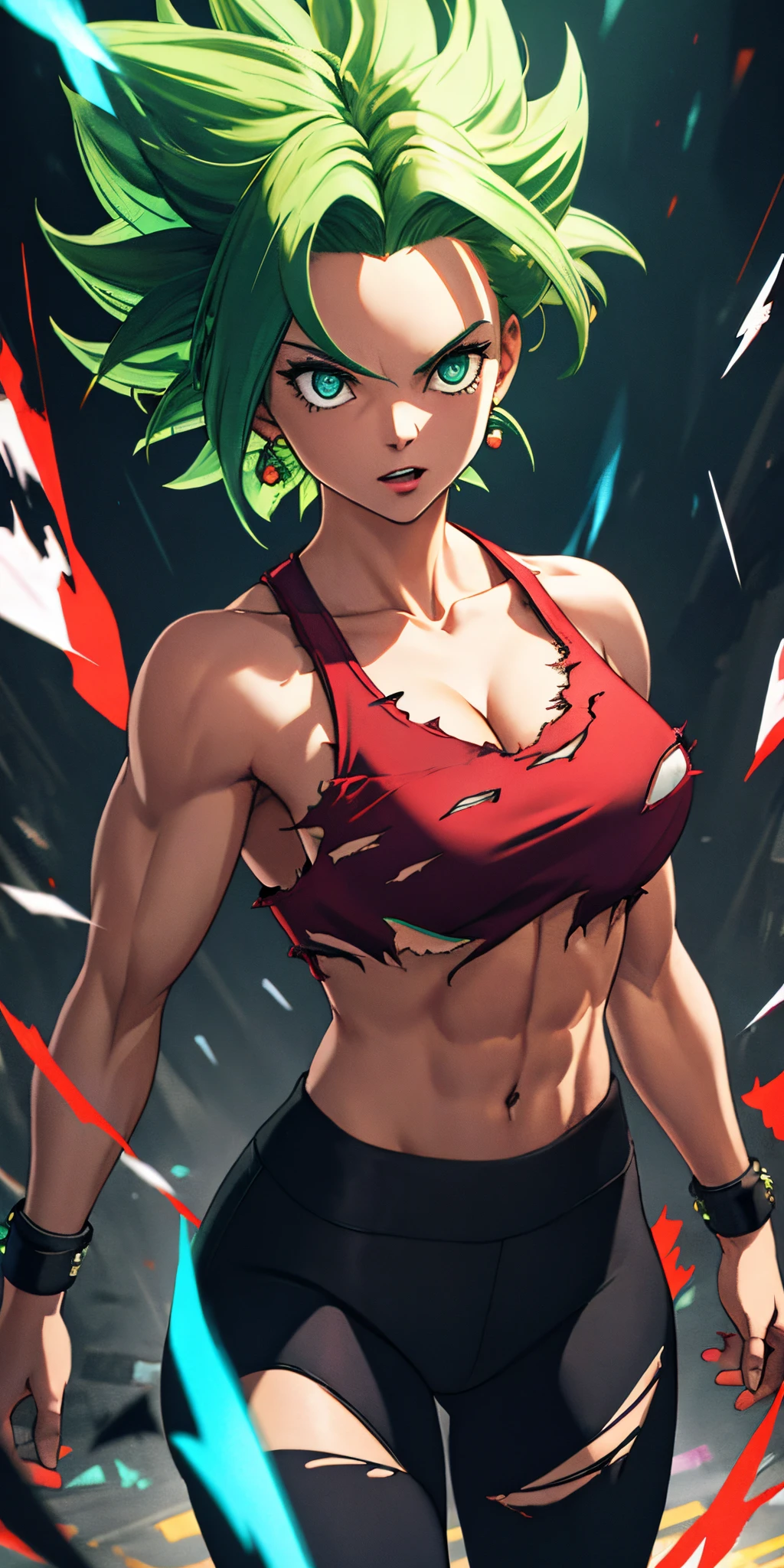 (masterpiece, best quality, ultra-detailed, highres, best illustration), 1girl,cowboy shot of beautiful xyzkefla super saiyan, green hair, green eyes, spiked hair, energy, (torn clothes:1.2), jewelry, aura, leggings, red clothing, detailed, sharp focus, dramatic, cinematic lighting, bodybuilder