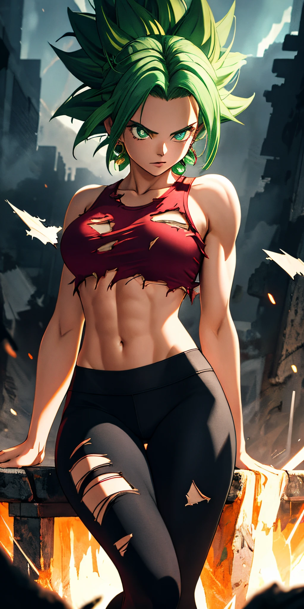 (Masterpiece, Best quality, Ultra-detailed, A high resolution, Best Illustration), 1girll,cowboy shot of beautiful xyzkefla  super saiyan, Green hair, Green eyes, spiked hair, energy, (Torn clothes:1.2), jewelry, Aura, Leggings, Red clothing, Detailed, Sharp focus, Dramatic, Cinematic lighting, body builder, Sit down