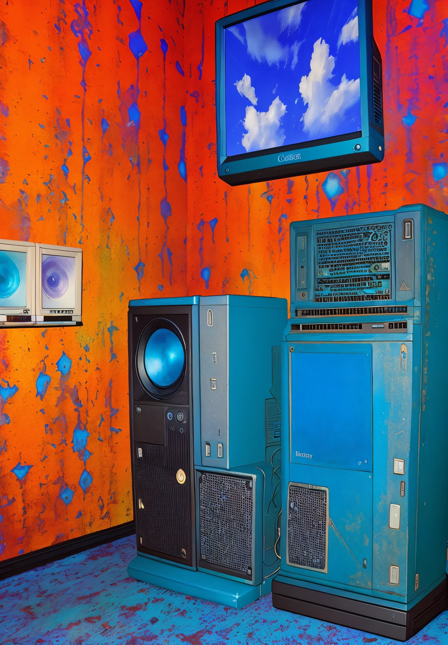dreamcore,blue_sky,scenery,(old computer in the room:1.4),realistic,high contrast,building, dirty, (eyes on the wall:1.1), ATM, neon colors, dream, 80s