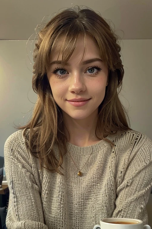 1 woman, blonde hair, hairstyle up with bangs, wearing a beige sweater, white wool gloves on her hand, (drinking coffee inside a cafe at sunset), very detailed, innocent face, blue eyes, high resolution, work masterful, best quality, intricate details, highly detailed, sharp focus, detailed skin, realistic skin texture, texture, detailed eyes, professional, 4k, charming smile, shot with Canon, 85mm, shallow depth of field, kodak vision color , perfect body fit, extremely detailed, photo_\(ultra\), photorealistic, realistic, post-processing, maximum detail, roughness, real life, ultrarealistic, photorealism, photography, 8k uhd