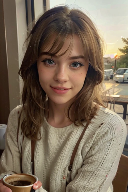 1 woman, blonde hair, hairstyle up with bangs, wearing a beige sweater, white wool gloves on her hand, (drinking coffee inside a cafe at sunset), very detailed, innocent face, blue eyes, high resolution, work masterful, best quality, intricate details, highly detailed, sharp focus, detailed skin, realistic skin texture, texture, detailed eyes, professional, 4k, charming smile, shot with Canon, 85mm, shallow depth of field, kodak vision color , perfect body fit, extremely detailed, photo_\(ultra\), photorealistic, realistic, post-processing, maximum detail, roughness, real life, ultrarealistic, photorealism, photography, 8k uhd