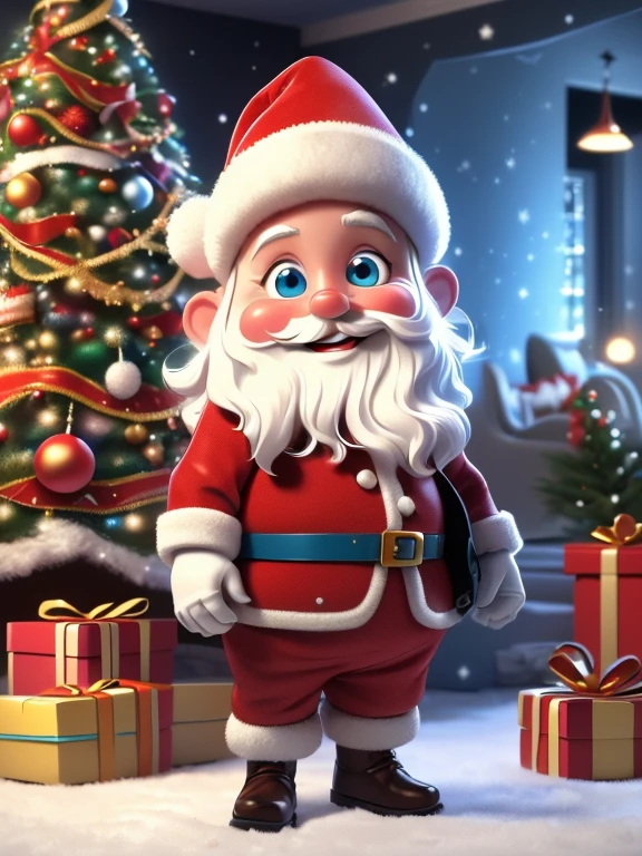 Super realistic 8K UHD image (((Masterpiece))), (((Best quality))), ((ultra definition)), of a Santa Claus, 3D Disney, smiling and fat, blue eyes. white hair and beard. red Santa Claus suit, leaving Christmas gifts by the tree in the living room, 1 3d disney girl, spying on him hiding excited, pretty bright face