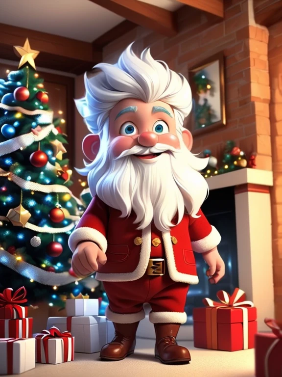 Super realistic 8K UHD image (((Masterpiece))), (((Best quality))), ((ultra definition)), of a Santa Claus, 3D Disney, smiling and fat, blue eyes. white hair and beard. red Santa Claus suit, leaving Christmas gifts by the tree in the living room, 1 3d disney girl, spying on him hiding excited, pretty bright face