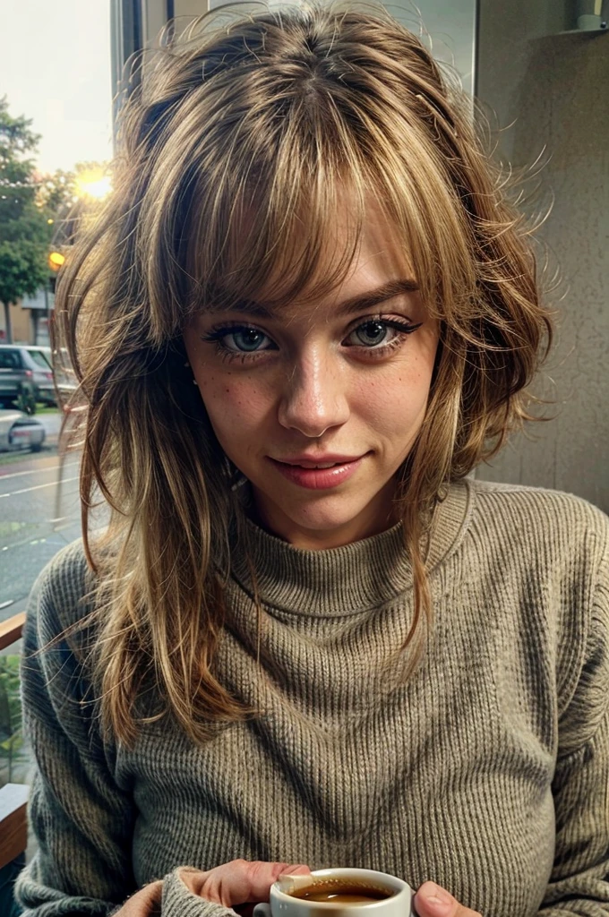 1 woman, blonde hair, hairstyle up with bangs, wearing a beige sweater, white wool gloves on her hand, (drinking coffee inside a cafe at sunset), very detailed, innocent face, blue eyes, high resolution, work masterful, best quality, intricate details, highly detailed, sharp focus, detailed skin, realistic skin texture, texture, detailed eyes, professional, 4k, charming smile, shot with Canon, 85mm, shallow depth of field, kodak vision color , perfect body fit, extremely detailed, photo_\(ultra\), photorealistic, realistic, post-processing, maximum detail, roughness, real life, ultrarealistic, photorealism, photography, 8k uhd
