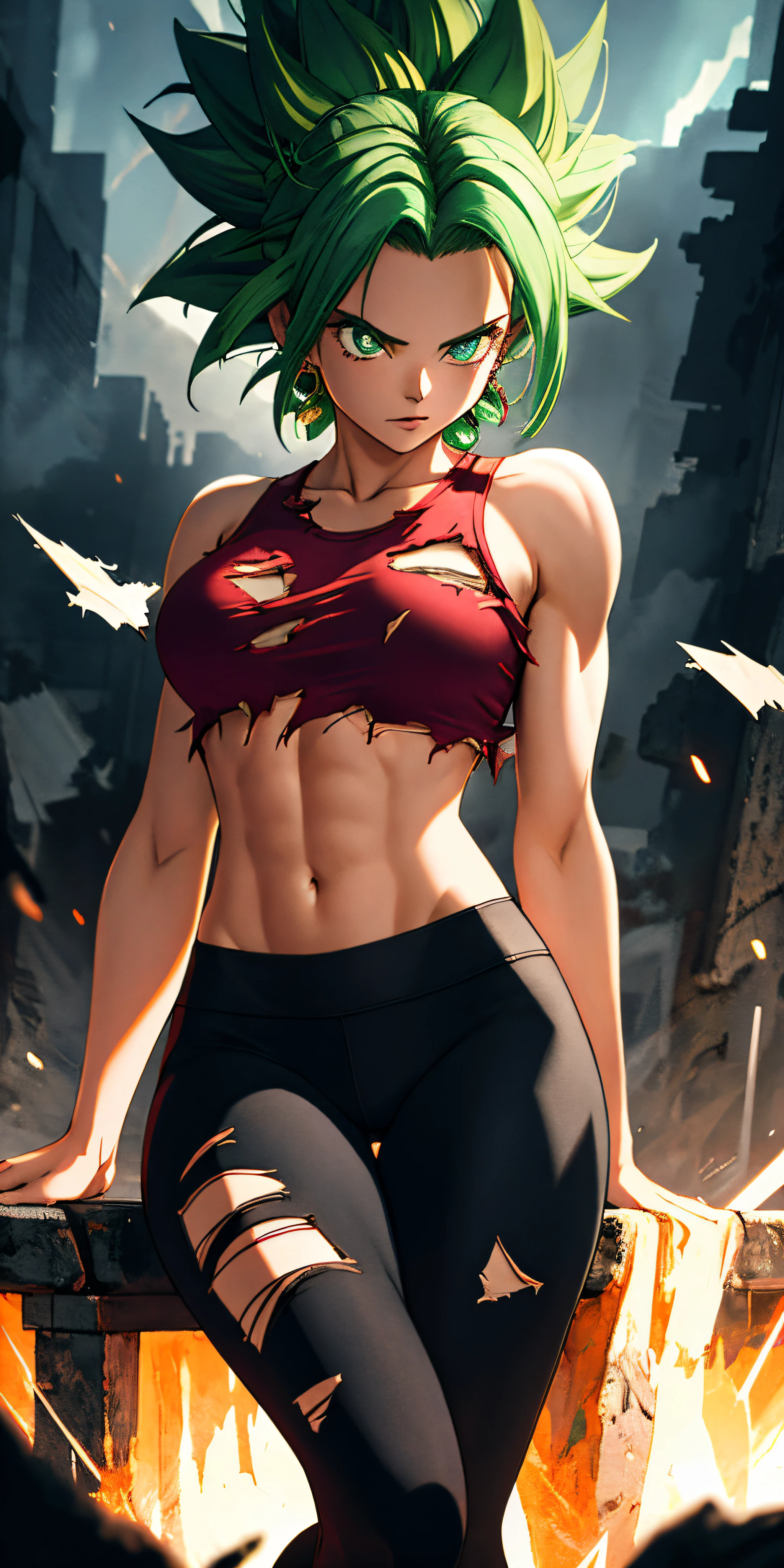 (master part, best quality, ultra-detalhado, A high resolution, best illustration), 1 cinta,Tiro de cowboy de xyzkefla bonito super saiyajin, cabelos verdes, olhos verdes, cabelo espetado, energia, (Roupas rasgadas:1.2), jewelries, aura, Leggings, Roupas vermelhas, circunstanciado, foco nítido, Dramatic, Cinematic lighting, fisiculturista, Sente-se