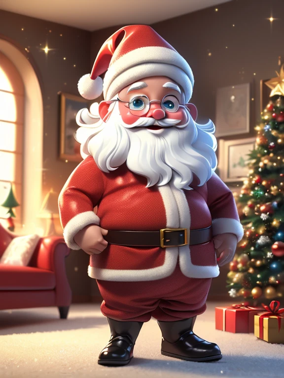 Super realistic 8K UHD image (((Masterpiece))), (((Best quality))), ((ultra definition)), of a Santa Claus, 3D Disney, smiling and fat, blue eyes. white hair and beard. red Santa Claus suit, leaving Christmas gifts by the tree in the living room, 1 3d disney girl, spying on him hiding excited, pretty bright face