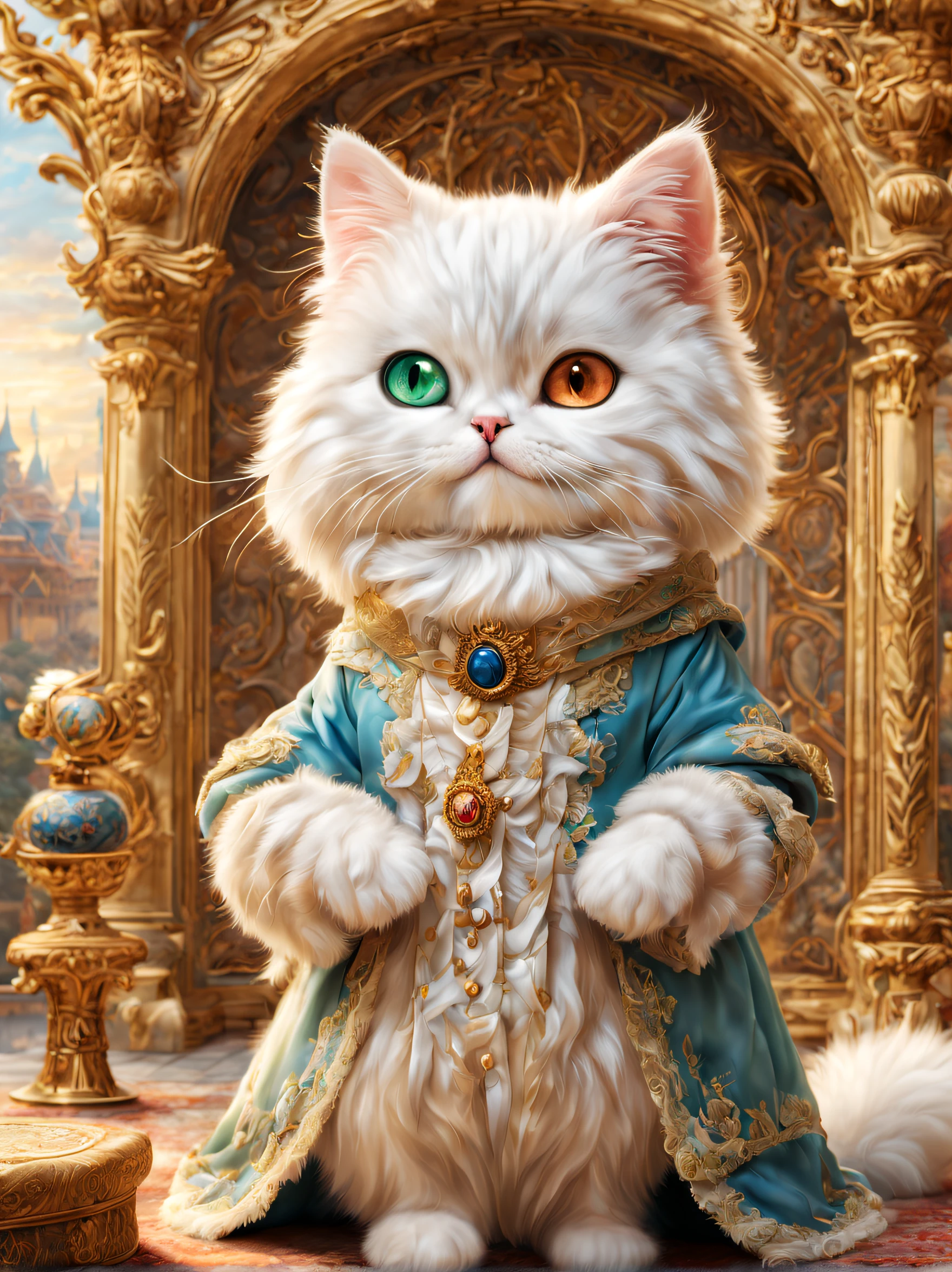 (minuet、Aristocratic clothing、odd eye),palace background,cute little,masterpiece,top-quality,Fluffy cat,,A delightful,tre anatomically correct,,Fantasia,Cats,minuet,odd eye