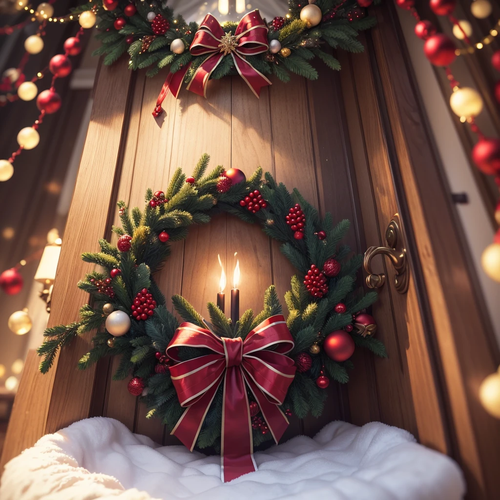 best quality,highres,(realistic:1.37),christmas wreath,festive colors,holiday decorations,detailed pine needles,sparkling ornaments,red bow,glowing lights,greenery and berries,joyful atmosphere,winter celebration,warm and cozy,traditional symbol,hanging on the door,cheerful and inviting,twinkling snowflakes,ornate design,traditional and elegant,festive centerpiece,celebrating the season,joy and merriment,delicate and intricate,charming holiday tradition,ornaments adorned with love,delightful addition to any home,bringing Christmas spirit,memories and traditions,magical glow of Christmas lights,spreading holiday cheer,festive and welcoming