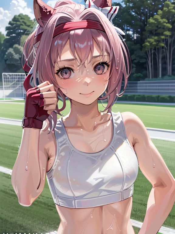 one girls,ers old,japanes,(((White Sports Bra))),portlate,,Wet with sweat,Natural smile,Clothes are wet,High quality, detail, Depth and finesse。Maintain finger shape、Official art。Natural light,((Realism: 1.2)), Official art, glint, highly detailed caste pieces), (Best Quality:1.4),On the lawn