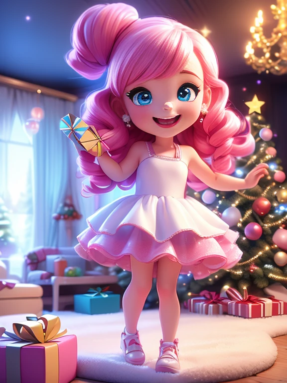 Super realistic 8K UHD image (((Masterpiece))), (((Best quality))), ((ultra definition)), of a beautiful and smiling 3d Pixar girl, blue eyes. pink hair. little white dress, opening Christmas presents next to the tree in the living room, 1 excited girl, bright pretty face