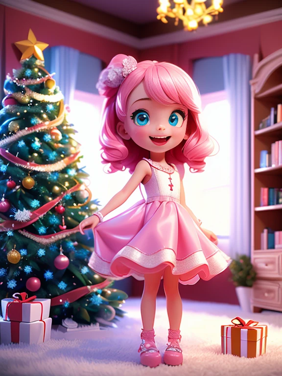 Super realistic 8K UHD image (((Masterpiece))), (((Best quality))), ((ultra definition)), of a beautiful and smiling 3d Pixar girl, blue eyes. pink hair. little white dress, opening Christmas presents next to the tree in the living room, 1 excited girl, bright pretty face