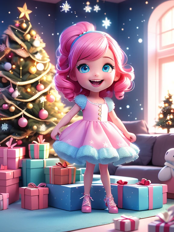 Super realistic 8K UHD image (((Masterpiece))), (((Best quality))), ((ultra definition)), of a beautiful and smiling 3d Pixar girl, blue eyes. pink hair. little white dress, opening Christmas presents next to the tree in the living room, 1 excited girl, bright pretty face