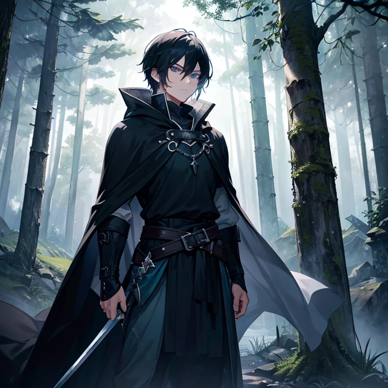 (highres:1.2),(best quality,ultra-detailed),a boy swordsmen,black cloak,black hair,blue eyes,detailed facial features,strong and muscular build,sharp sword,focused expression,dynamic stance,medieval fantasy setting,misty forest background,dappled sunlight,moody atmosphere,contrasting light and shadows,vivid colors with deep blues and greens,ethereal glow,lush foliage,ancient ruins in the distance,mysterious aura.